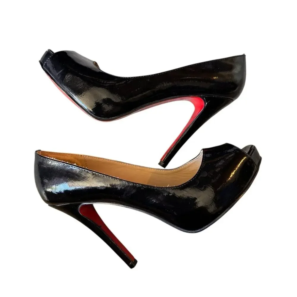 Christian Louboutin - Black Patent Peep-Toe Stiletto Heels Red Soles Sz 37